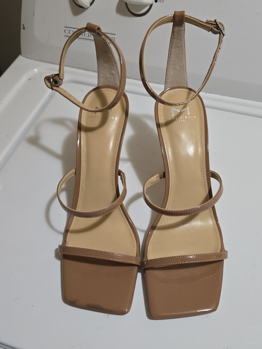 Marc Fisher Patent Strappy Ankle Sandals in Tan